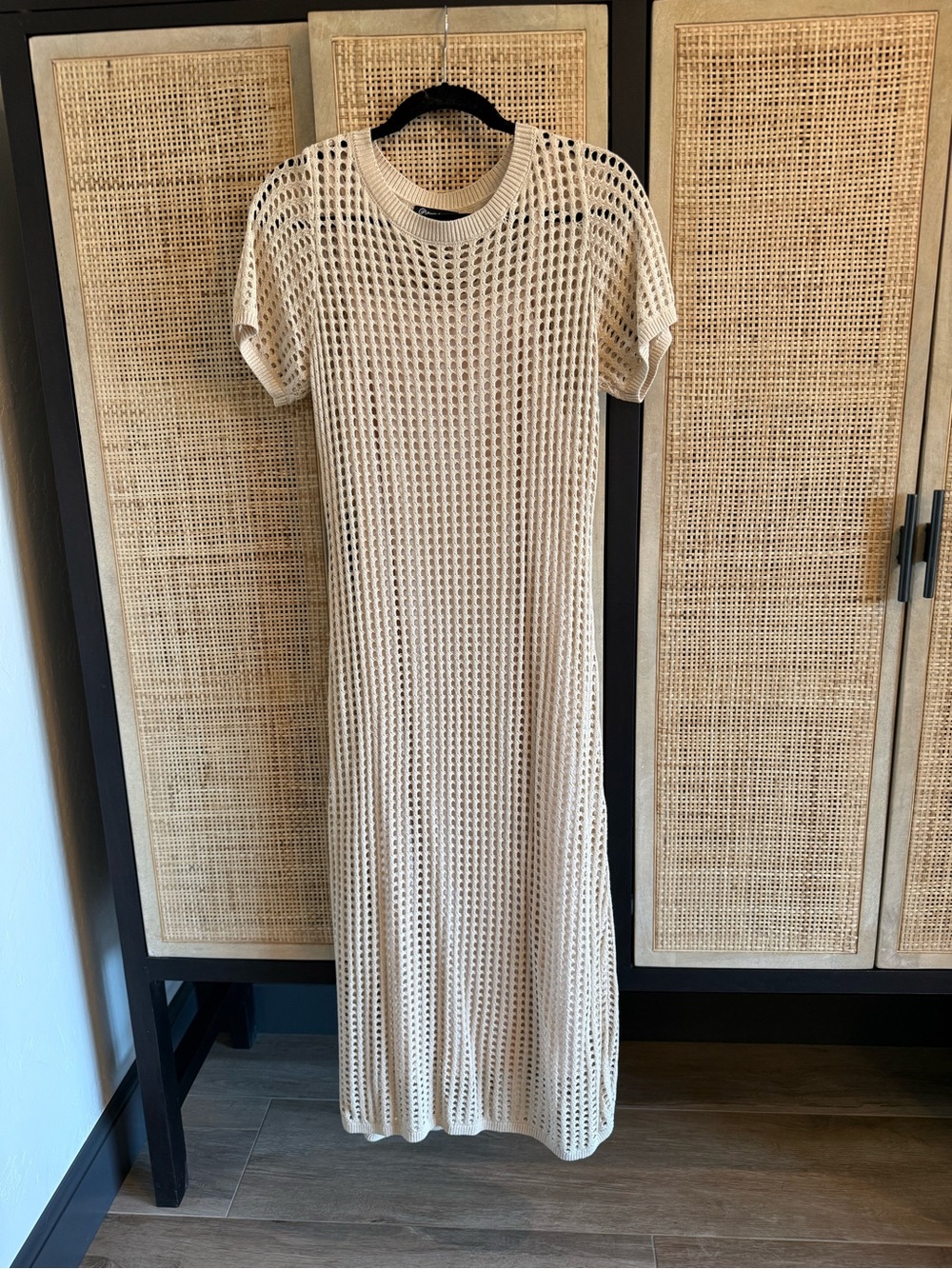 Cream Open-Knit Short Sleeve Maxi Dress